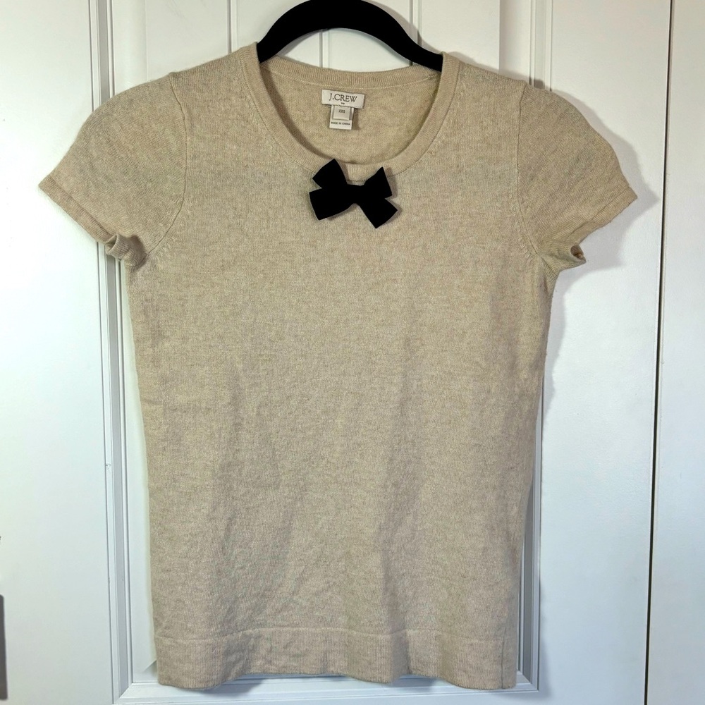 J Crew Outlet Tan Cap Sleeve Bow Sweater Merino Wool Blend Size XXS